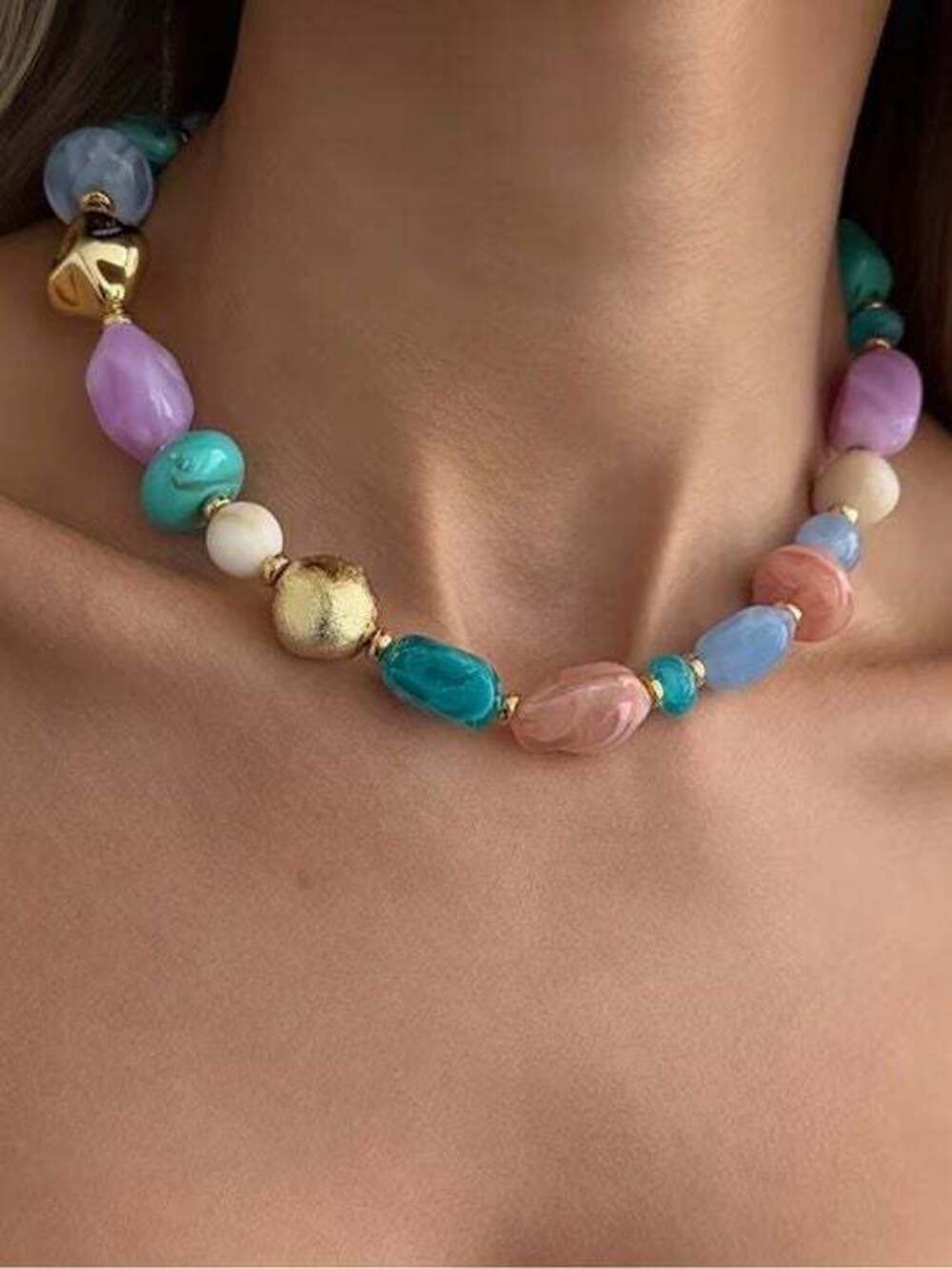 Multicolor Beaded Necklace with Gold Accents - Pastel Mix